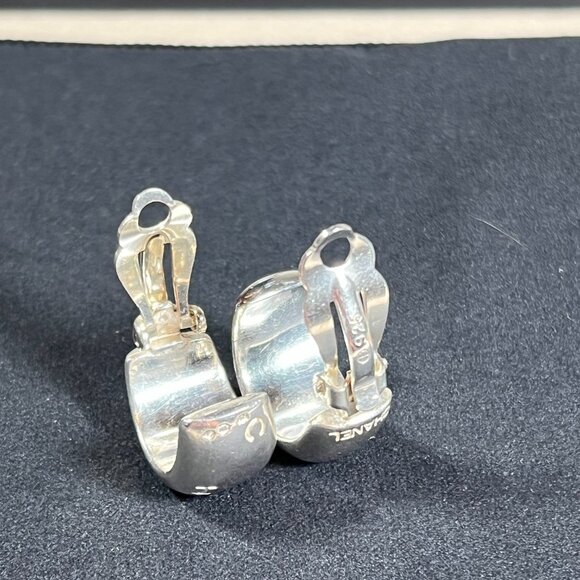 Chanel Sterling Silver Logo Engraved Half Hoop Clip On Earrings Authenticated - Picture 4 of 16